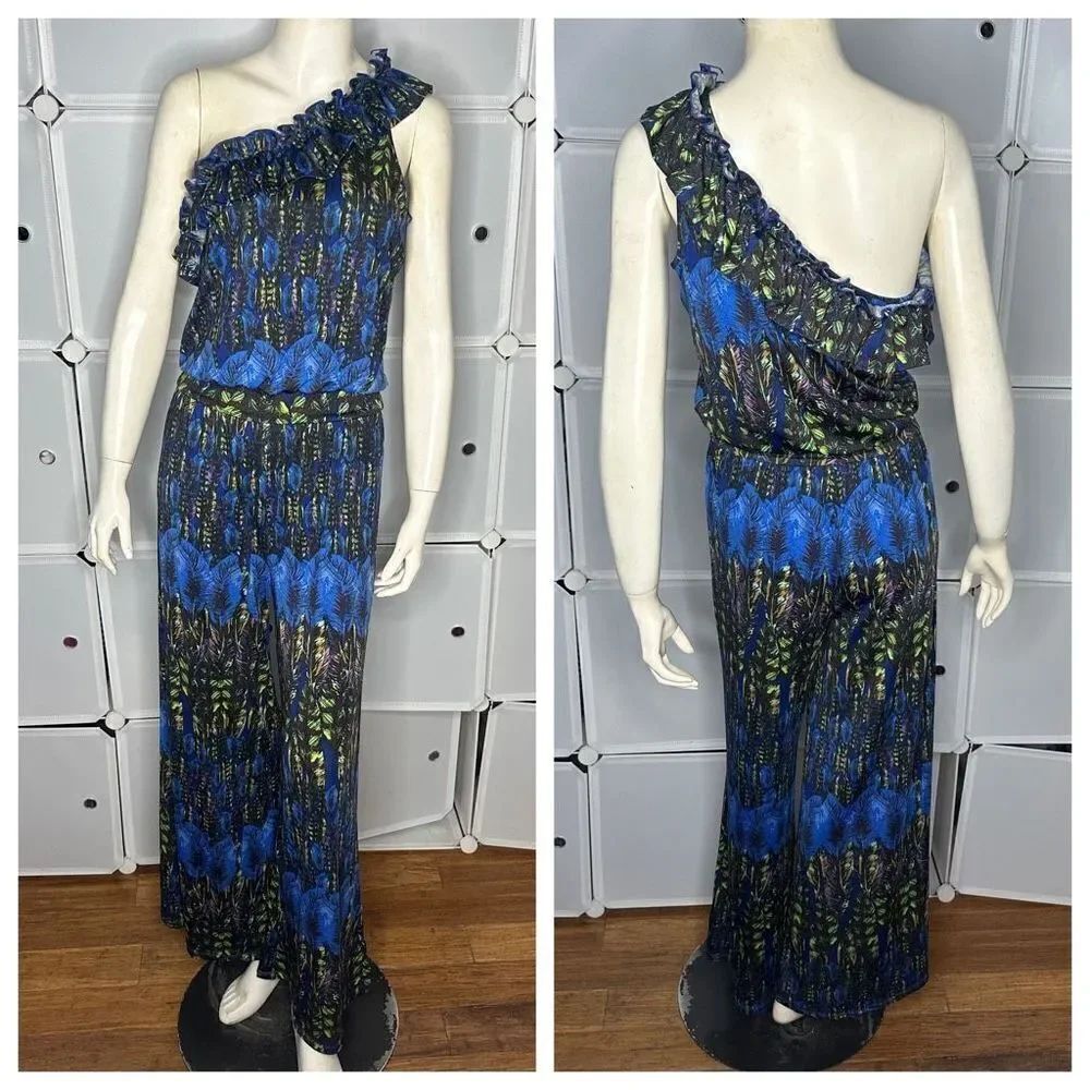 Derek Heart One-Piece Romper Jumpsuit Blue w/ Peacock Feathers Size Small